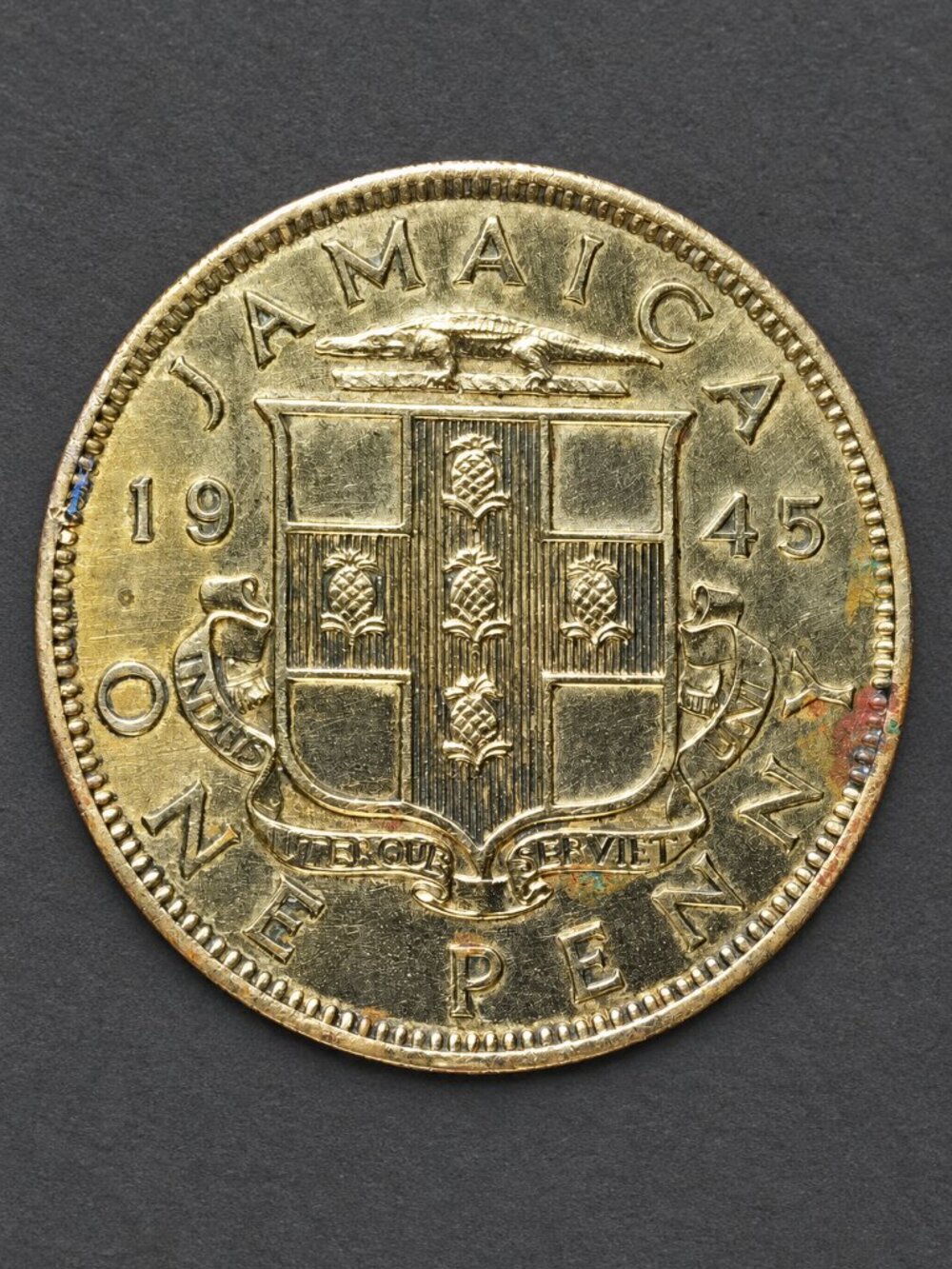 1945 Jamaica 1 Penny George VI Nickel Brass Coin Coat of Arms KM#32